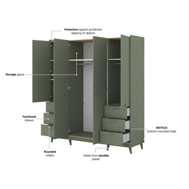 Garderobeskab Skandi 4 Døre med 6 Skuffer - Falmet Grøn - Olieret Eg - Opbevaring - Tøjopbevaring - Garderobeskabe