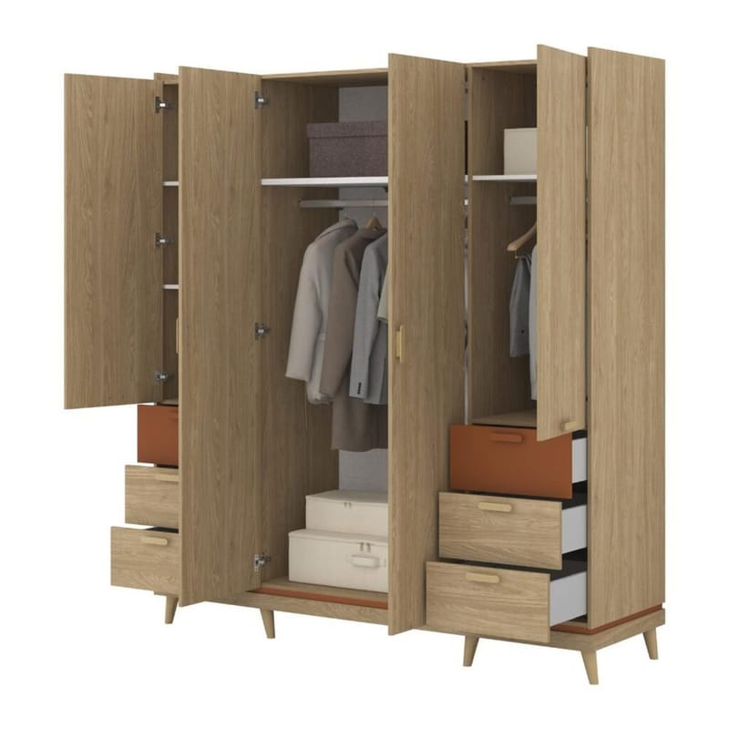 Garderobeskab Skandi 4 Døre med 6 Skuffer - Oliebehandlet eg - Opbevaring - Tøjopbevaring - Garderobeskabe