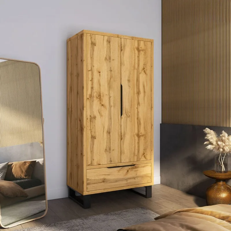 Halle Garderobeskab 99 cm med 2 Låger og 1 Skuffe i Eg - Beige - Opbevaring - Tøjopbevaring - Garderobeskabe