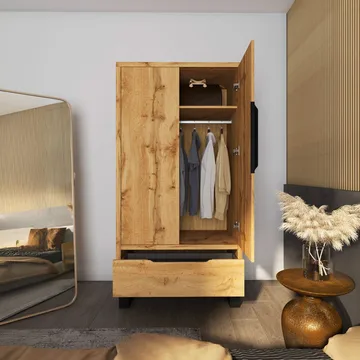 Halle Garderobeskab 99 cm med 2 Låger og 1 Skuffe i Eg - Beige - Opbevaring - Tøjopbevaring - Garderobeskabe