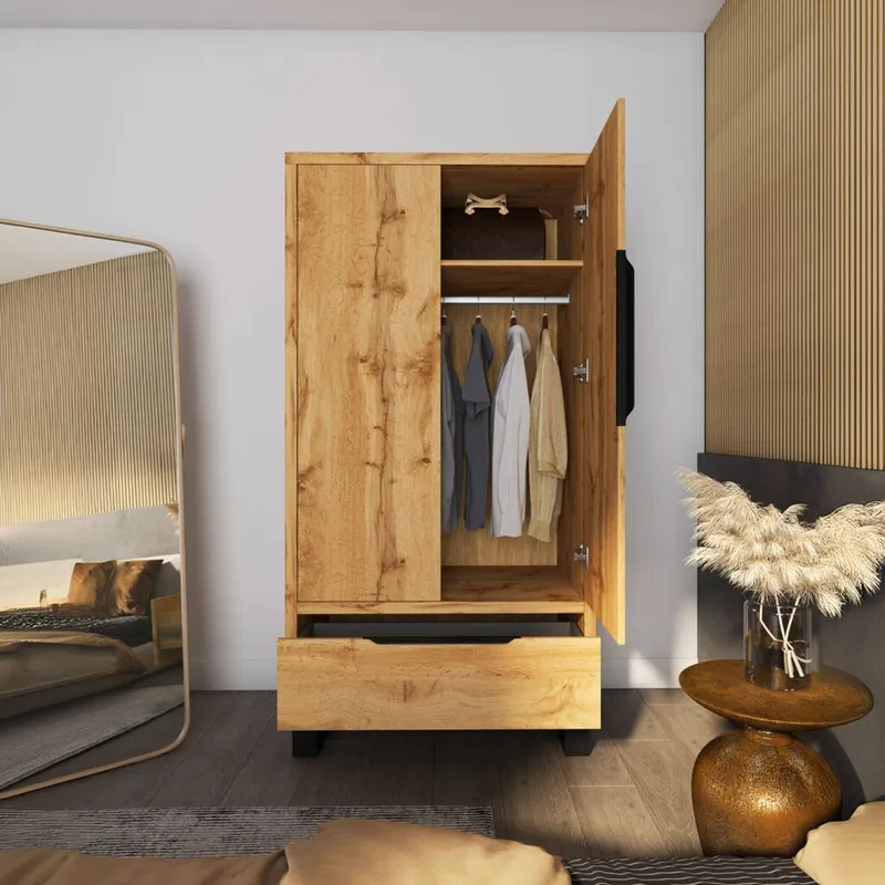 Halle Garderobeskab 99 cm med 2 Låger og 1 Skuffe i Eg - Beige - Opbevaring - Tøjopbevaring - Garderobeskabe