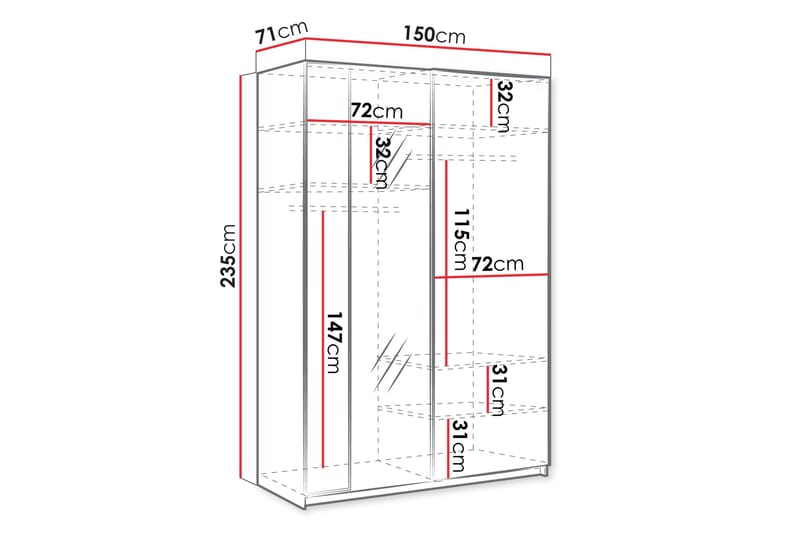 Haruna Garderobeskab med Spejl 150x235 cm - Hvid - Opbevaring - Tøjopbevaring - Garderobeskabe