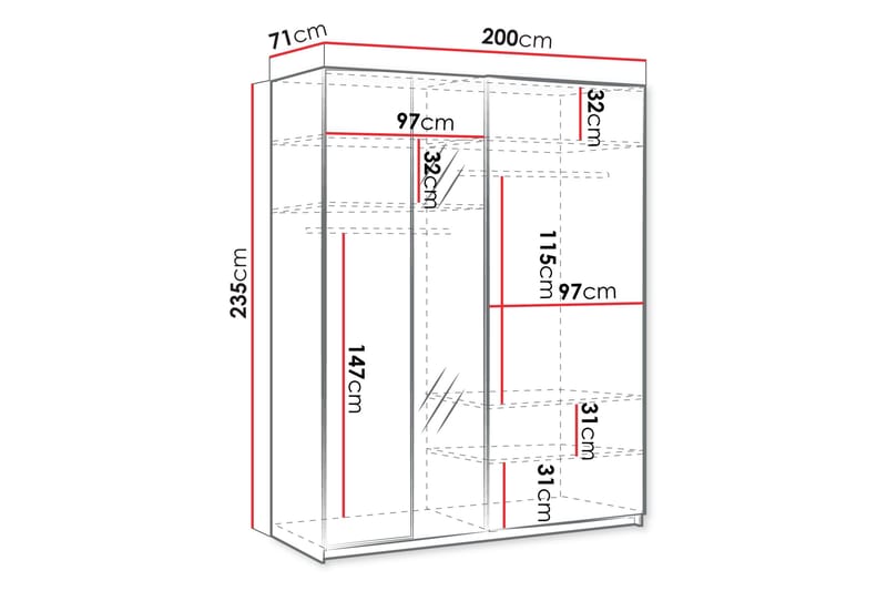 Haruna Garderobeskab med Spejl 200x235 cm - Hvid - Opbevaring - Tøjopbevaring - Garderobeskabe