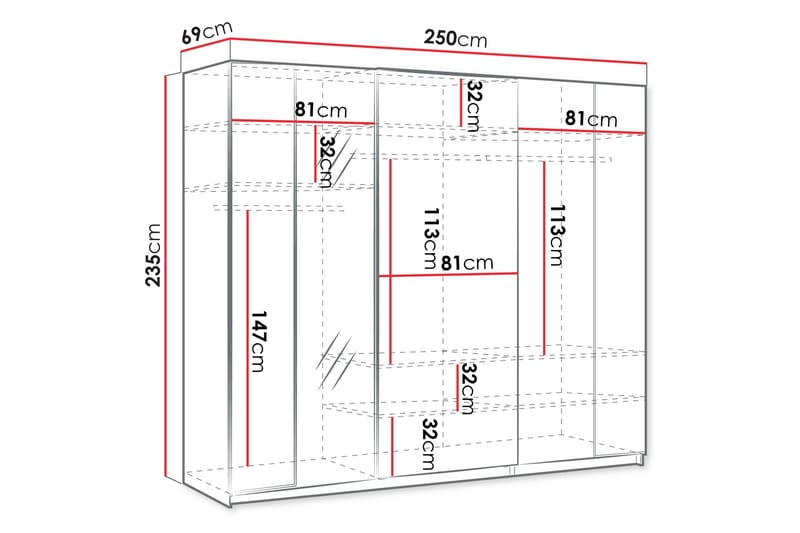Haruna Garderobeskab med Spejl 250x235 cm - Hvid - Opbevaring - Tøjopbevaring - Garderobeskabe