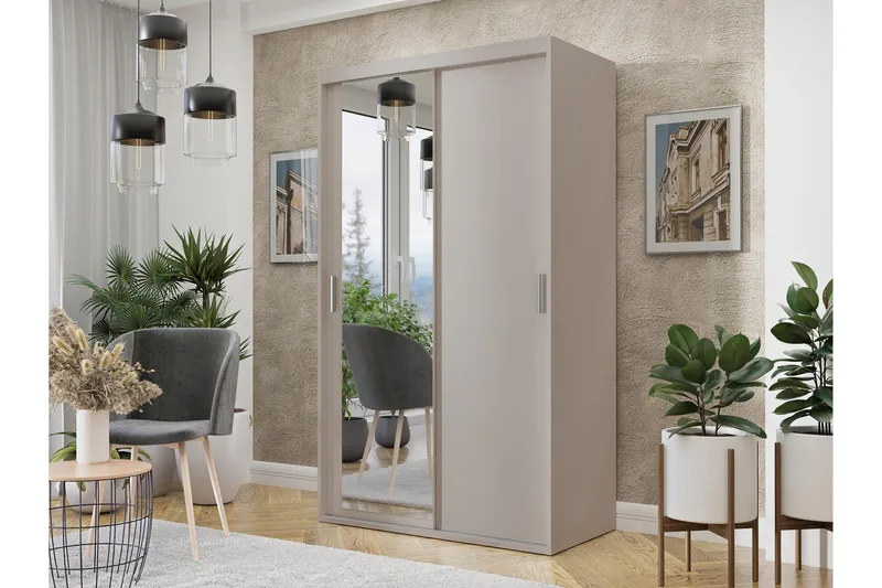 Harvinder Garderob med Spejl 120x205 cm - Beige - Opbevaring - Tøjopbevaring - Garderobeskabe