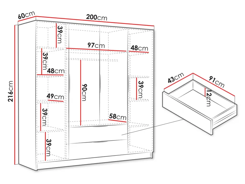 Herrljunga Garderobe 200x215 cm med Skuffer - Brun/Guld - Opbevaring - Tøjopbevaring - Garderobeskabe