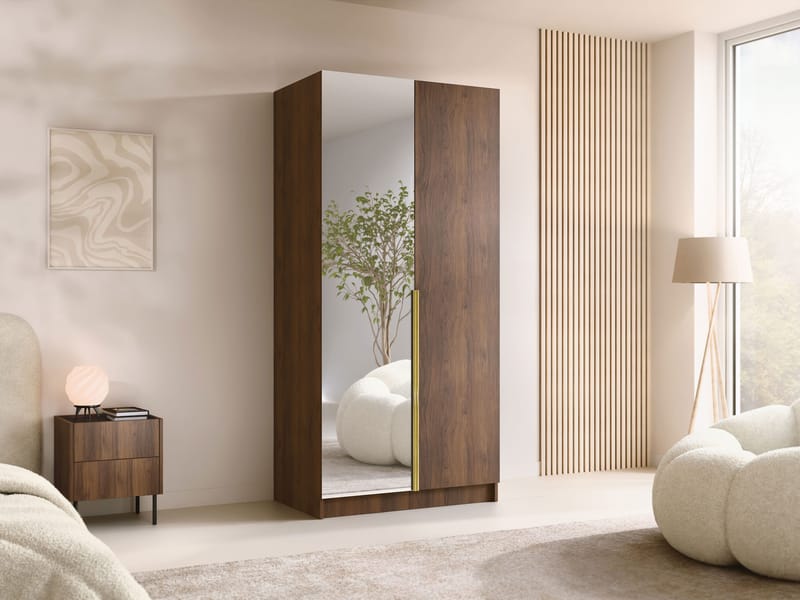 Herrljunga Garderobe med Spejl 100x215 cm - Brun/Guld/Spejl - Opbevaring - Tøjopbevaring - Garderobeskabe