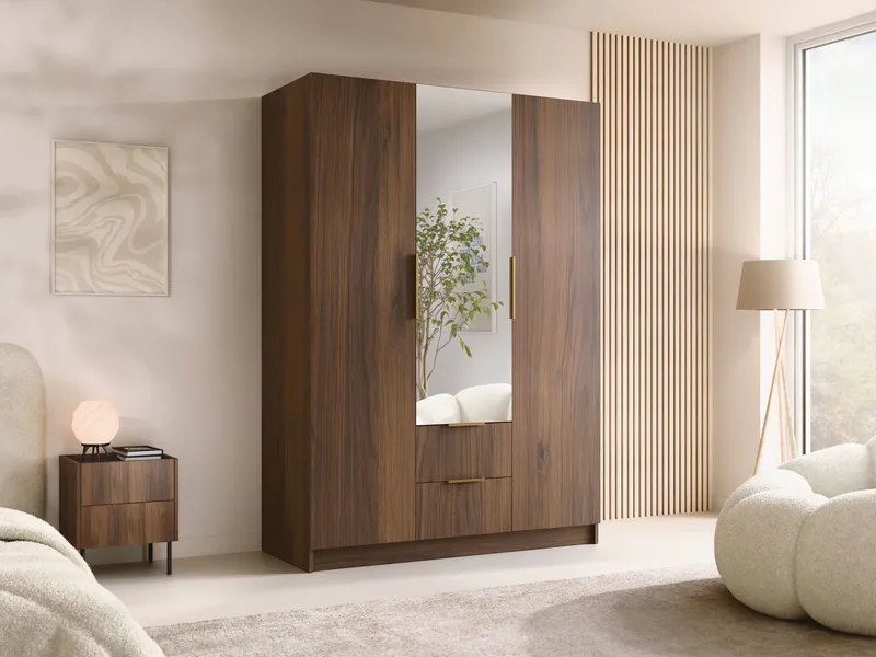 Herrljunga Garderobe med Spejl 150x215 cm med Skuffer - Brun/Guld/Spejl - Opbevaring - Tøjopbevaring - Garderobeskabe