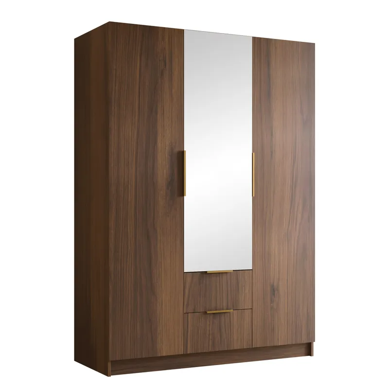 Herrljunga Garderobe med Spejl 150x215 cm med Skuffer, Brun/Guld/Spejl