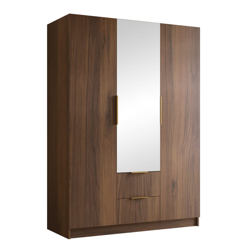 Herrljunga Garderobe med Spejl 150x215 cm med Skuffer, Brun/Guld/Spejl