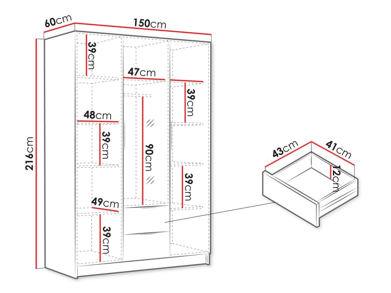 Herrljunga Garderobe med Spejl 150x215 cm med Skuffer - Brun/Sort/Spejl - Opbevaring - Tøjopbevaring - Garderobeskabe - Garderobeskab & klædeskab