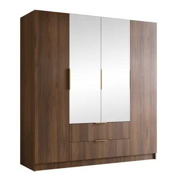 Herrljunga Garderobe med Spejl 200x215 cm med Skuffer - Brun/Guld/Spejl - Opbevaring - Tøjopbevaring - Garderobeskabe - Garderobeskab & klædeskab