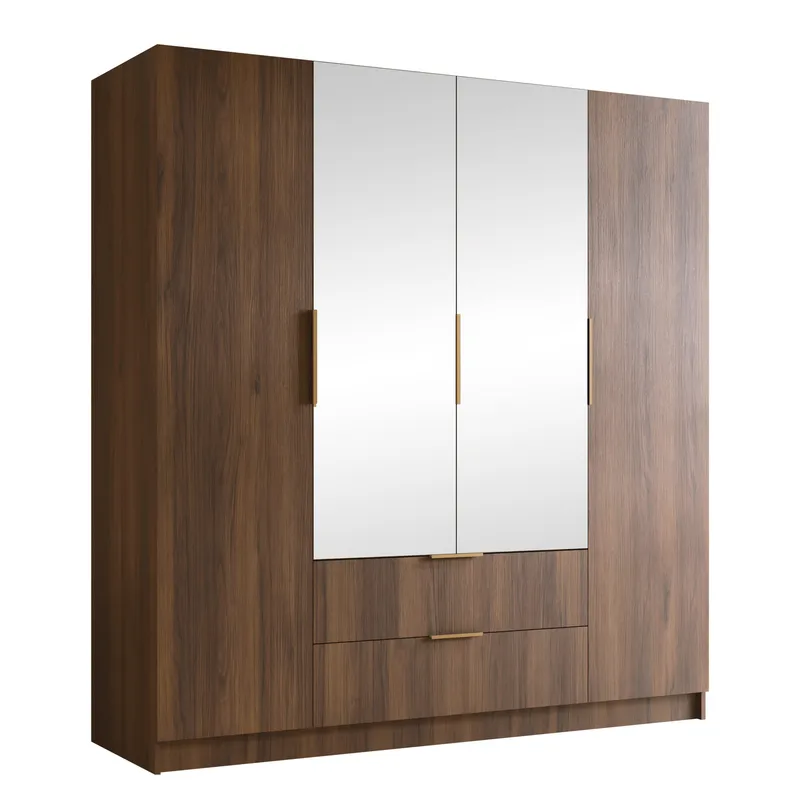 Herrljunga Garderobe med Spejl 200x215 cm med Skuffer, Brun/Guld/Spejl