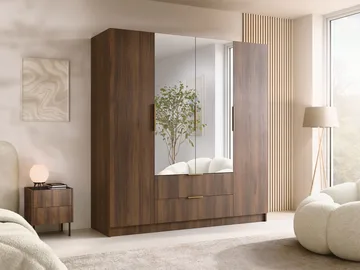 Herrljunga Garderobe med Spejl 200x215 cm med Skuffer - Brun/Guld/Spejl - Opbevaring - Tøjopbevaring - Garderobeskabe - Garderobeskab & klædeskab