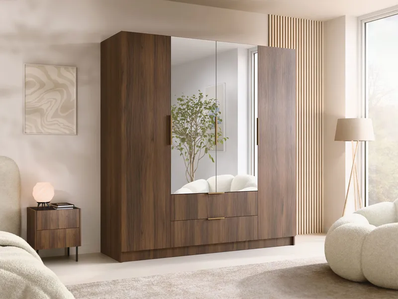 Herrljunga Garderobe med Spejl 200x215 cm med Skuffer - Brun/Guld/Spejl - Opbevaring - Tøjopbevaring - Garderobeskabe