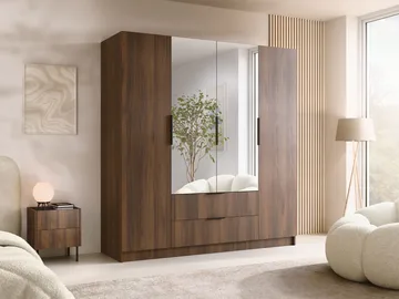 Herrljunga Garderobe med Spejl 200x215 cm med Skuffer - Brun/Sort/Spejl - Opbevaring - Tøjopbevaring - Garderobeskabe