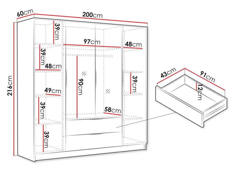 Herrljunga Garderobe med Spejl 200x215 cm med Skuffer - Brun/Sort/Spejl - Opbevaring - Tøjopbevaring - Garderobeskabe