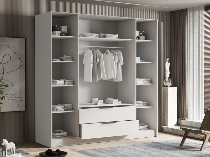 Herrljunga Garderobe med Spejl 200x215 cm med Skuffer - Brun/Sort/Spejl - Opbevaring - Tøjopbevaring - Garderobeskabe