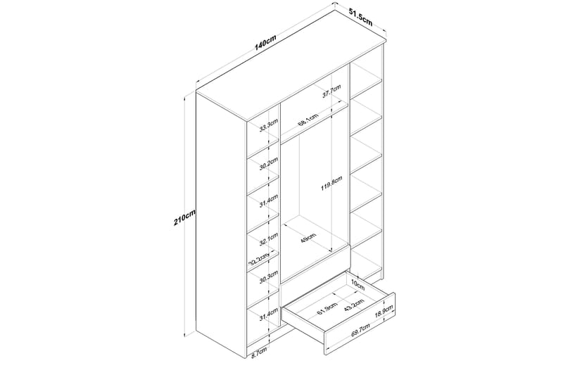 Jabir Garderobe 140x210 cm Brun/Hvid - Hanah Home - Opbevaring - Tøjopbevaring - Garderobeskabe