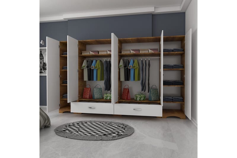 Jaitun Garderobe 243x181 cm Hvid/Brun - Hanah Home - Opbevaring - Tøjopbevaring - Garderobeskabe