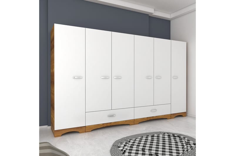 Jaitun Garderobe 243x181 cm Hvid/Brun - Hanah Home - Opbevaring - Tøjopbevaring - Garderobeskabe