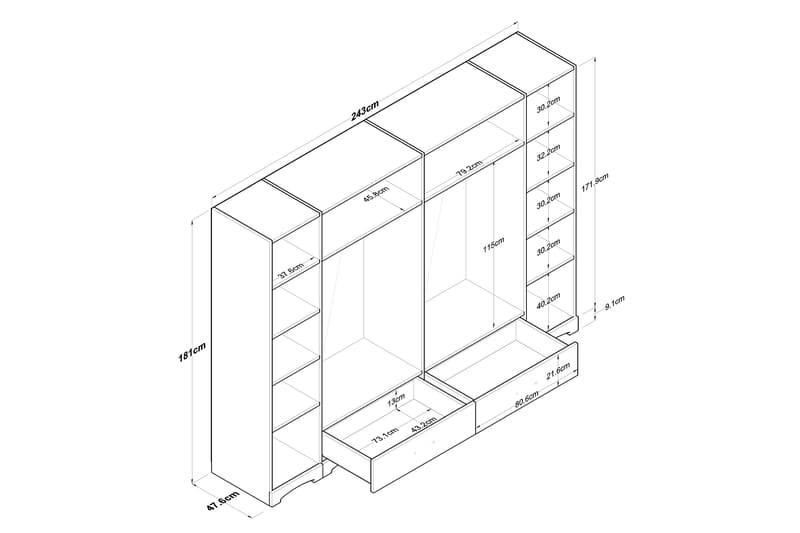 Jaitun Garderobe 243x181 cm Hvid/Brun - Hanah Home - Opbevaring - Tøjopbevaring - Garderobeskabe