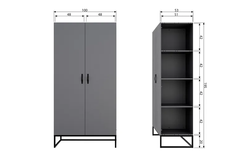 Kahe Garderobe 100x195 cm - Grå/Sort - Opbevaring - Tøjopbevaring - Garderobeskabe