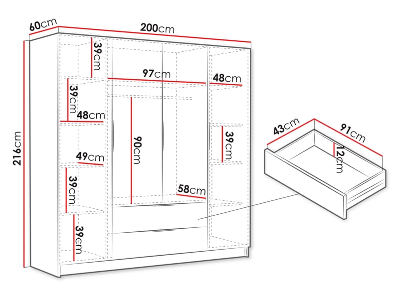 Kelros Garderobeskab 200x216 cm - Sort - Opbevaring - Tøjopbevaring - Garderobeskabe