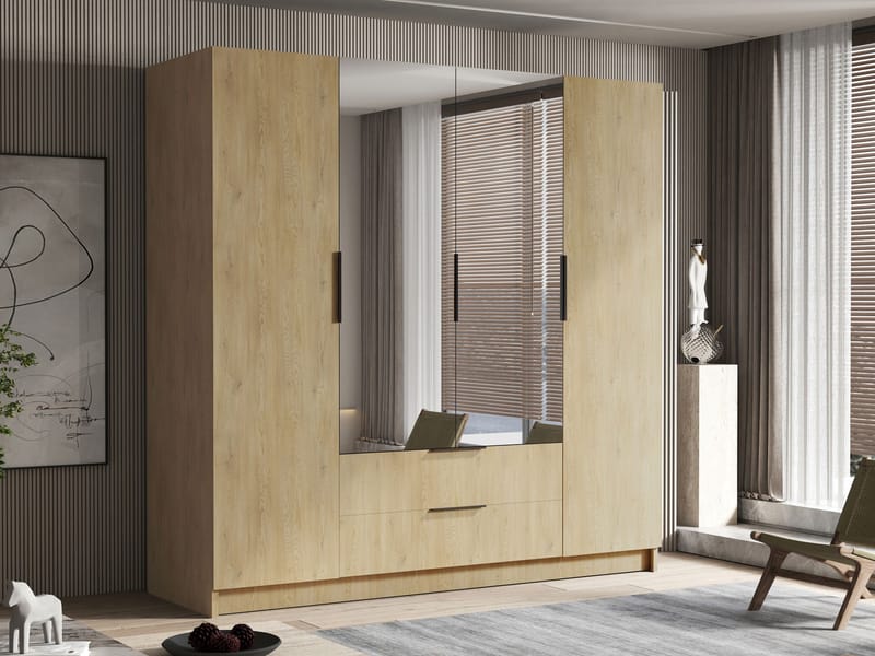 Kelros Garderobeskabeskab med spejl 200x216 cm - Brun - Opbevaring - Tøjopbevaring - Garderobeskabe