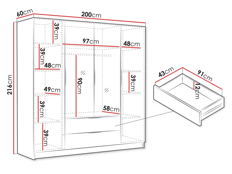 Kelros Garderobeskabeskab med spejl 200x216 cm - Sort - Opbevaring - Tøjopbevaring - Garderobeskabe