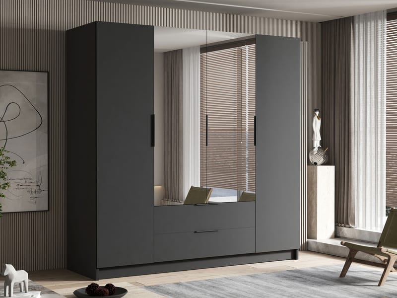 Kelros Garderobeskabeskab med spejl 200x216 cm - Sort - Opbevaring - Tøjopbevaring - Garderobeskabe