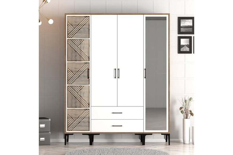 Kumsal Garderobe med Spejl, Hvid/Brun