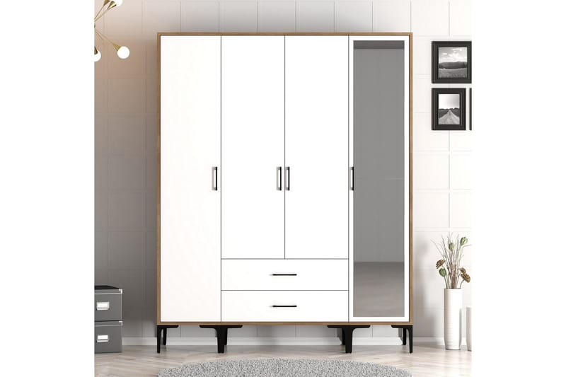 Kumsal Garderobe med Spejl, Hvid/Brun