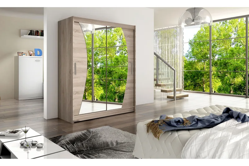 Leila Garderobe 150 cm Skydedøre Buet Spejl - Eg - Opbevaring - Tøjopbevaring - Garderobeskabe