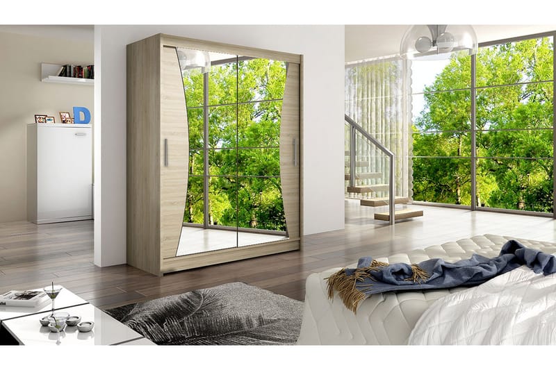 Leila Garderobe 150 cm Skydedøre Buet Spejl - Eg - Opbevaring - Tøjopbevaring - Garderobeskabe