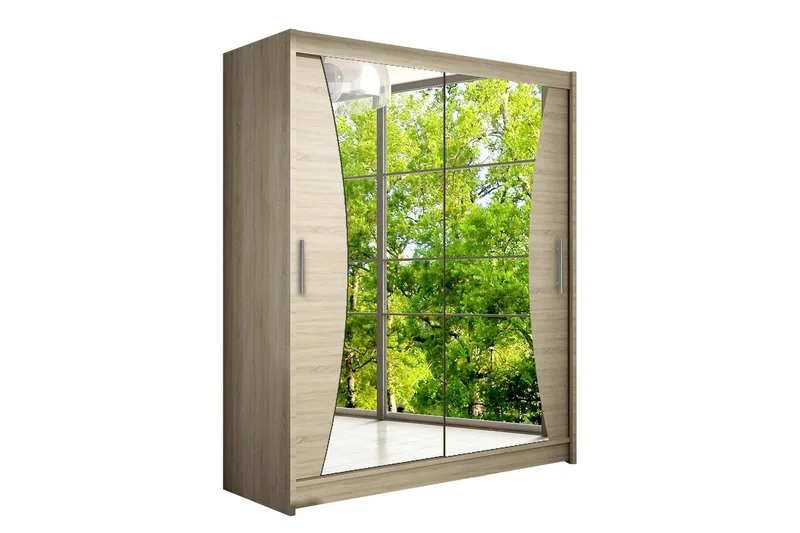 Leila Garderobe 150 cm Skydedøre Buet Spejl, Eg