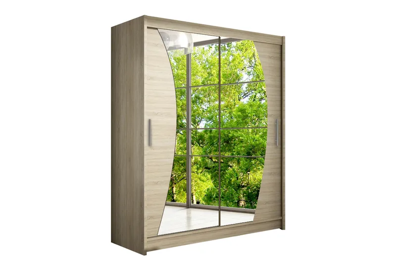 Leila Garderobe 150 cm Skydedøre Buet Spejl, Træ/natur