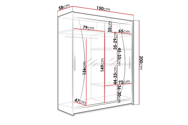 Leila Garderobe 150 cm Skydedøre Buet Spejl - Træ/natur - Opbevaring - Tøjopbevaring - Garderobeskabe