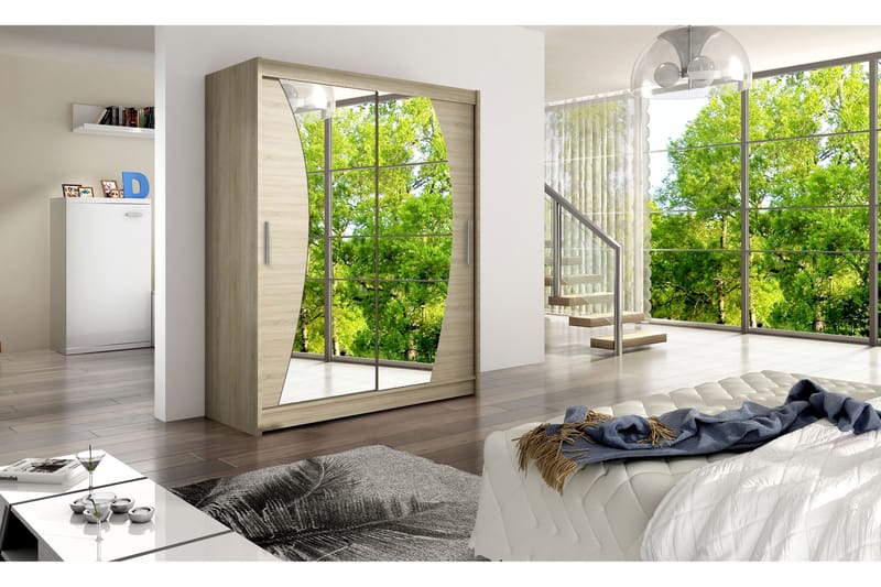 Leila Garderobe 150 cm Skydedøre Buet Spejl - Træ/natur - Opbevaring - Tøjopbevaring - Garderobeskabe