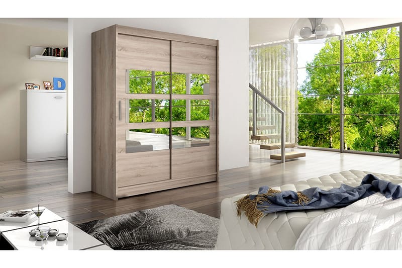 Leila Garderobe 150 cm Skydedøre Delt Spejl - Eg - Opbevaring - Tøjopbevaring - Garderobeskabe