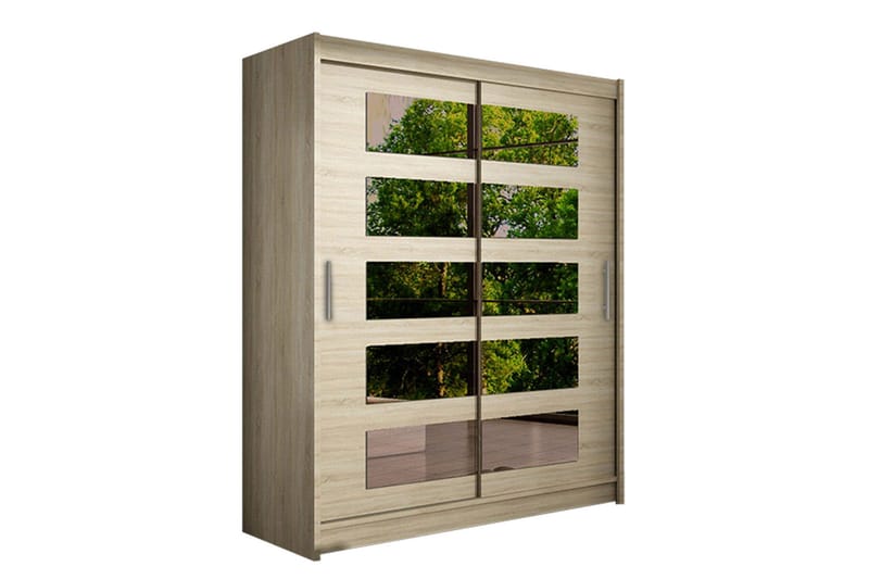 Leila Garderobe 150 cm Skydedøre Delt Spejl, Lys Eg