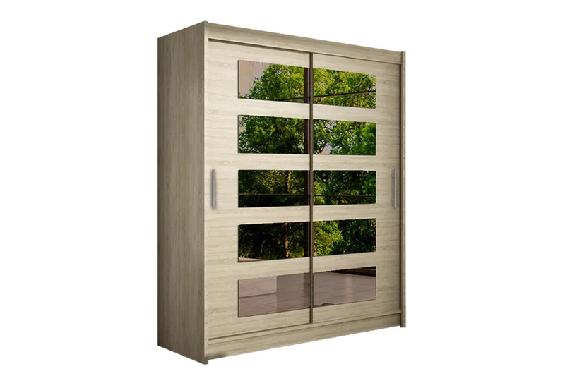 Leila Garderobe 150 cm Skydedøre Delt Spejl, Lys Eg