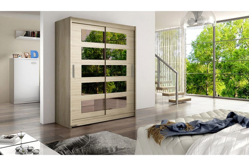 Leila Garderobe 150 cm Skydedøre Delt Spejl - Lys Eg - Opbevaring - Tøjopbevaring - Garderobeskabe