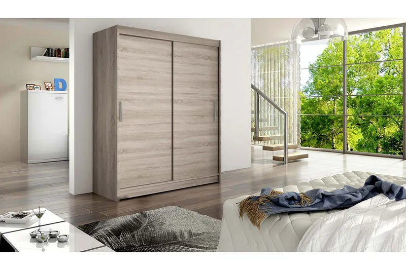 Leila Garderobe 150 cm Skydedøre - Lys Eg - Opbevaring - Tøjopbevaring - Garderobeskabe