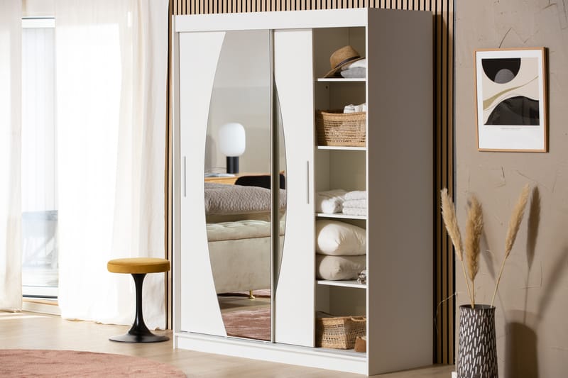 Leila Garderobe 150 cm Skydedøre Rund Spejl | Hvid - Hvid - Opbevaring - Tøjopbevaring - Garderobeskabe