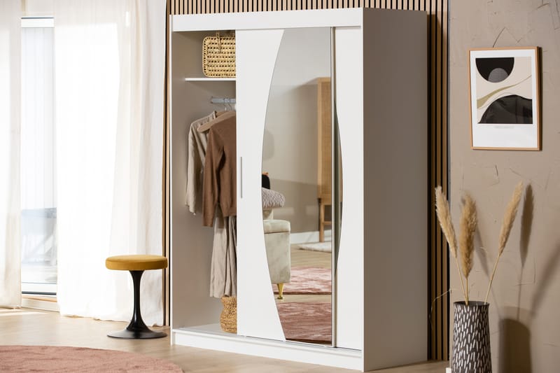 Leila Garderobe 150 cm Skydedøre Rund Spejl | Hvid - Hvid - Opbevaring - Tøjopbevaring - Garderobeskabe