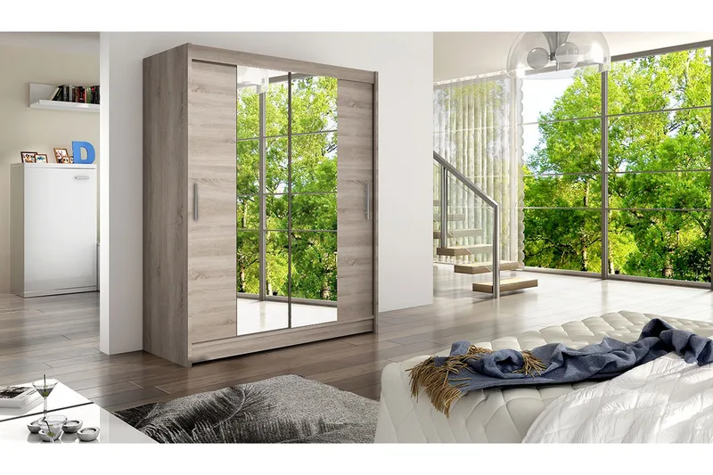 Leila Garderobe 150 cm Skydedøre Smal Spejl - Eg - Opbevaring - Tøjopbevaring - Garderobeskabe