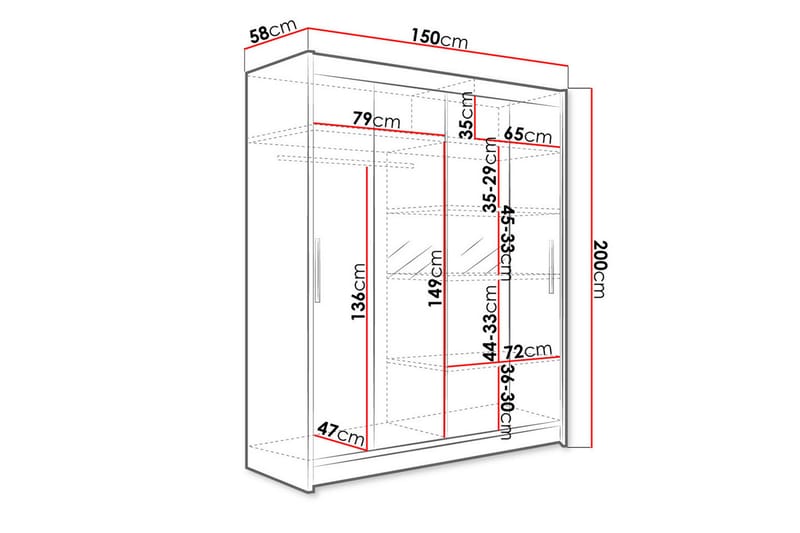 Leila Garderobe 150 cm Skydedøre Smal Spejl - Eg - Garderobeskabe - Garderobeskab & klædeskab