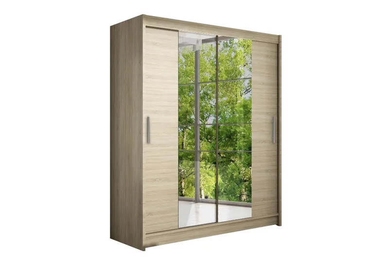 Leila Garderobe 150 cm Skydedøre Smal Spejl - Lys Eg - Opbevaring - Tøjopbevaring - Garderobeskabe