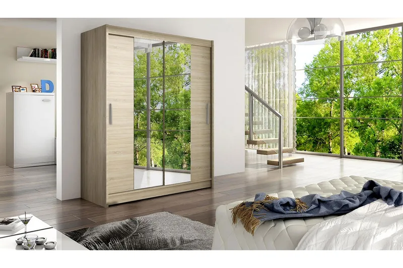 Leila Garderobe 150 cm Skydedøre Smal Spejl - Lys Eg - Opbevaring - Tøjopbevaring - Garderobeskabe